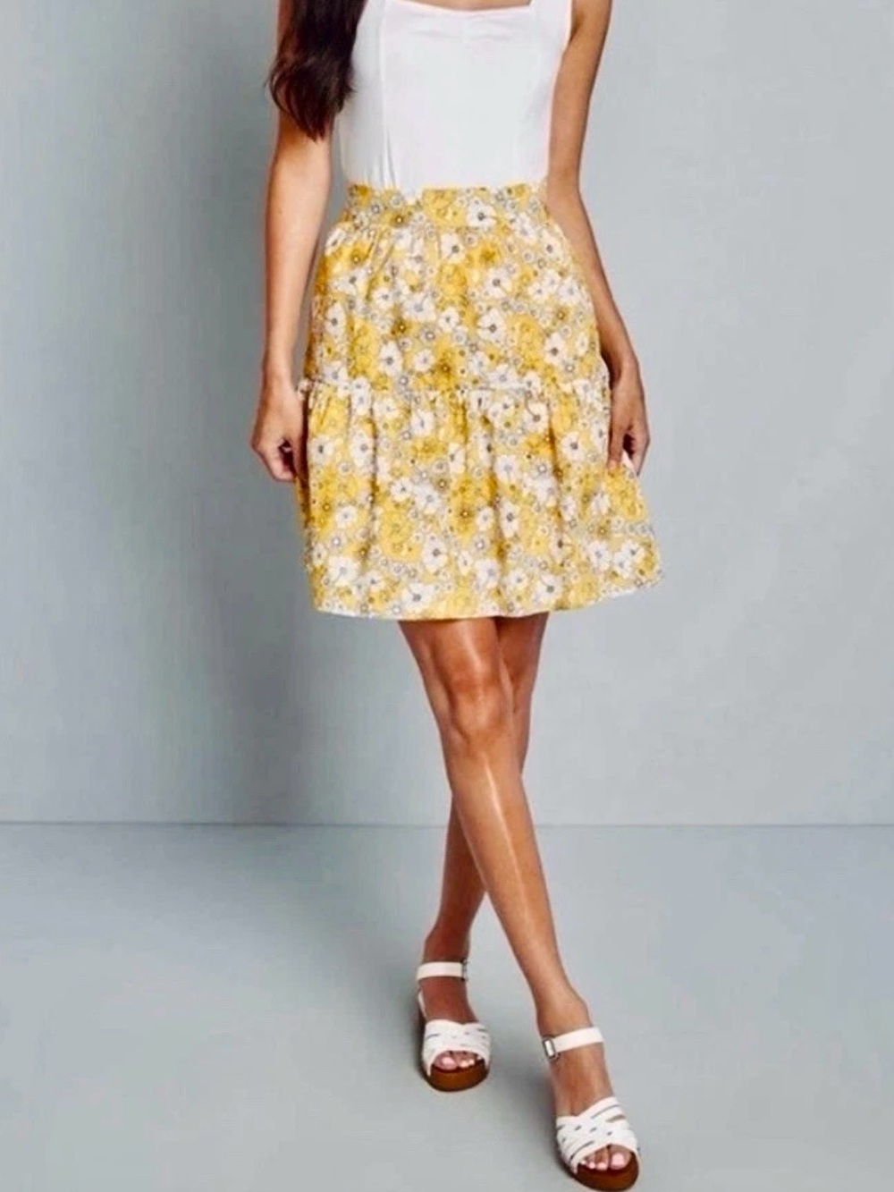 ModCloth Days In Doll Valley Yellow Daisy Print Floral Tiered Skirt Size 12